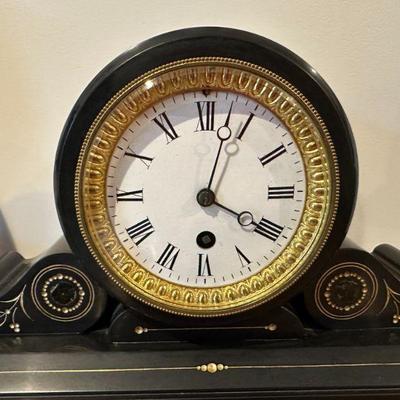 Marble Mantel Clock | Antique Victorian black marble mantel clock with gold details. - h. 10 x w. 15.5 in

