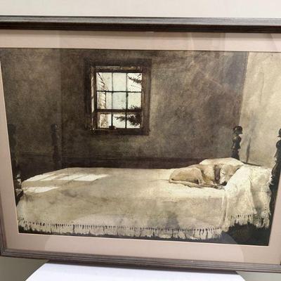 Artwork - Master Bedroom | Painting of a dog asleep on a four-poster bed. Not signed by the artist, "Andrew Wyeth". Artwork...