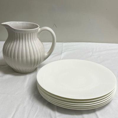 (6pc) Crate & Barrel Plates | Crate & Barrel dinner plates: dia. 11 in. FP Home ribbed pitcher: h. 8 in.

