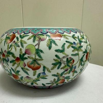 Floral Cachepot | Floral patterned cachepot with Asian-inspired motif (Marked on bottom) - h. 7 x dia. 11 in

