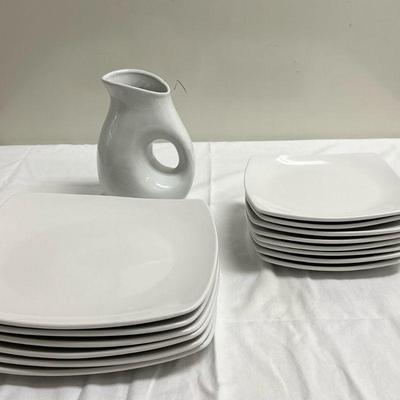 (15pc) Dinnerware & Pitcher | Square dinner plates (dia. 11 in.) Salad plates (dia. 8 in.) Pitcher (h. 8 in.)

