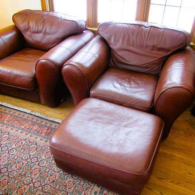 Leather lounge chairs & ottoman