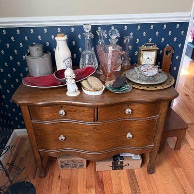 Antique hutch, misc antique glassware