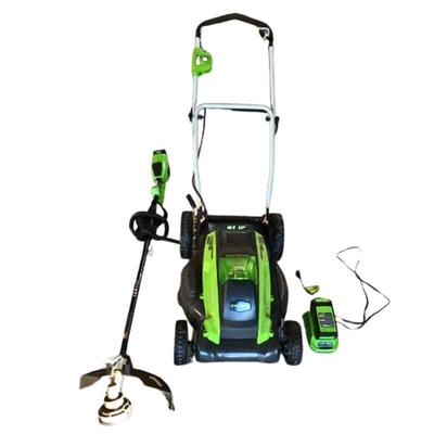 2 Greenworks Battery Powered Lawnmower & Trimmer