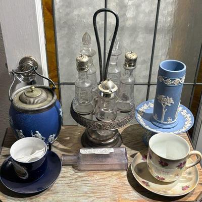 Wedgewood medicine bottle, cruet set & mustache cup
