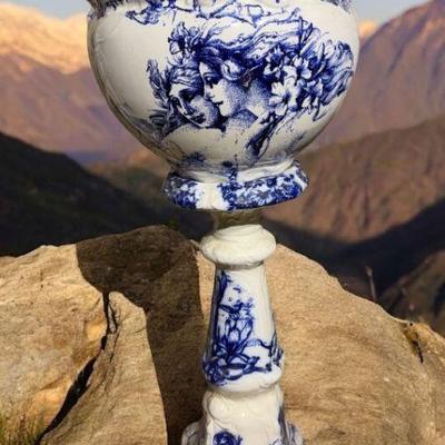 Flow blue porcelain plant stand with art nouveau nude nymphs