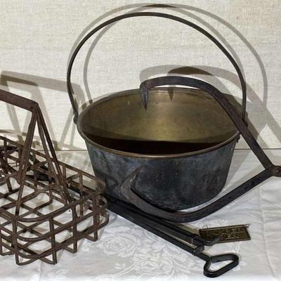 Milk carrier boiling pot, ice tongs & fireplace tool