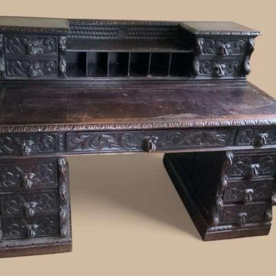 Antique victorian carved green man motif pedestal desk
