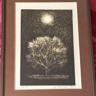 Joichi hoshi woodblock print moon and tree"