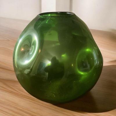 Mid century hand blown green glass orb vase