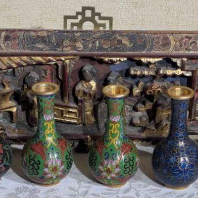Chinese gilded wooden carved panel cloisonné mini vases