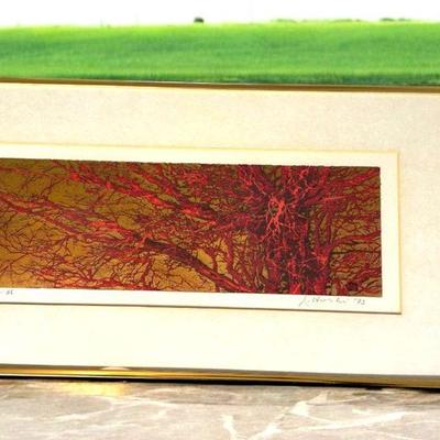 Japanese woodblock signed joichi hoshi red branch" 1973