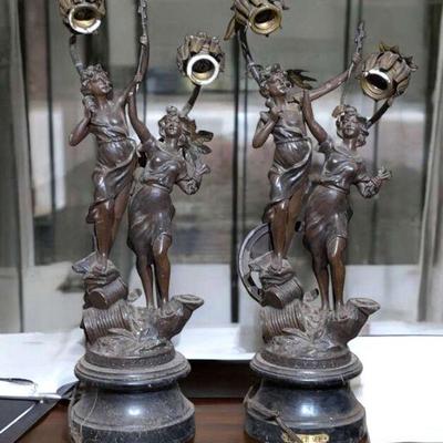 Pair of two figure newel post table lamps for restoration
