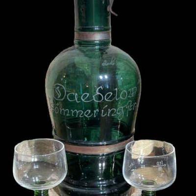 Vintage green etched glass german beer growler