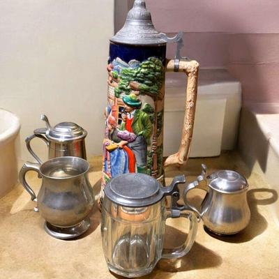 Beer stein collection pewter ceramic & glass