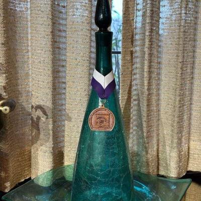 Blenko glass bottle with complementing glass plate