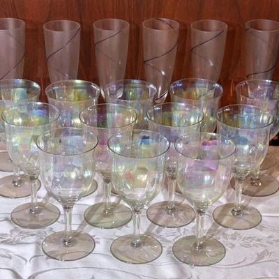 Iridescent wine glasses blue stripe champagne flutes