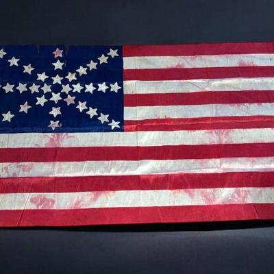 Silk hand stitched us 34 star flag in starburst cross configuration