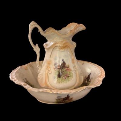 Antique victorian english pheasant wash bowl pitcher