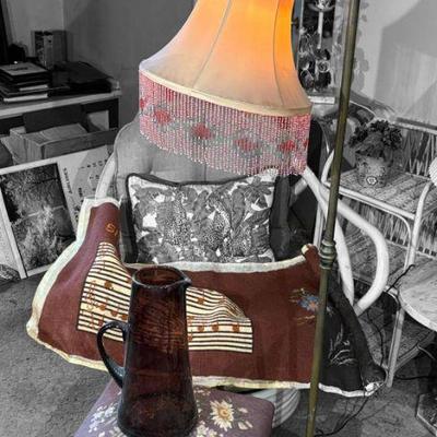 Swing arm lamp glass pitcher, foot stool, candle holder & petit point