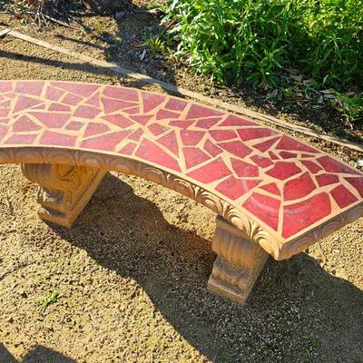 Total of 5 concrete garden / yard benches. Four with Mosaic tile inlay.