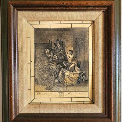 Du Cabinet de M. le Duc de Choiseul framed etching based on a painting by Gerard ter Borch.