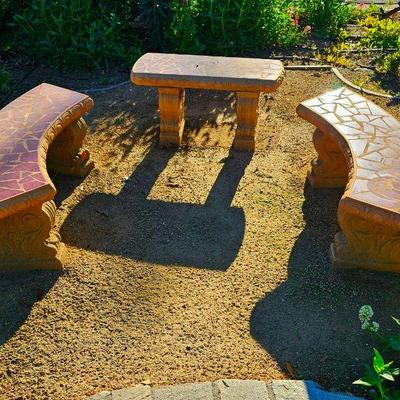 Total of 5 concrete garden / yard benches. Four with Mosaic tile inlay.