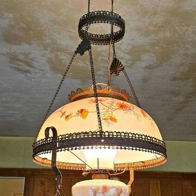 Antique Victorian hanging electrified parlor oil lamp.