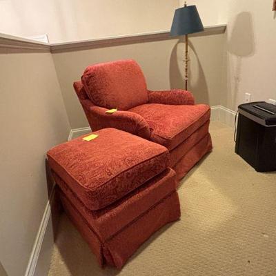 Upholstered Club Chair with Ottoman, Brass Floor Lamp.