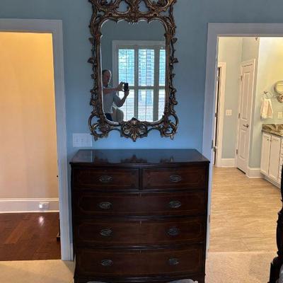 Inlaid Bow Front Chest and Gold Gilt Mirror
