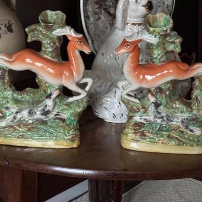 Pair of Staffordshire Running Stag and Hound Spill Vases