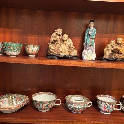 Asian Porcelain, Carved Stone Figures with Wooden Bases, and Demitasse Cups,