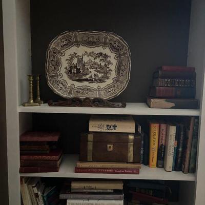 Antique Books, Ironstone Platters, Lap Desk, and Brass Candlesticks.
