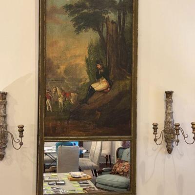 19th Century French Boiserie or Trumeau Mirror with A Depiction of a Seated Napolean and Soldiers with Cavalry in the Distance. 