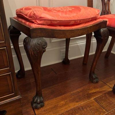Finely Carved Antique Foot Stool with Damask Pillow Top Upholstery
