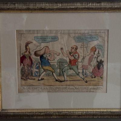 Antique Hand Colored Political Etching Depicting Pugilists or Boxers.