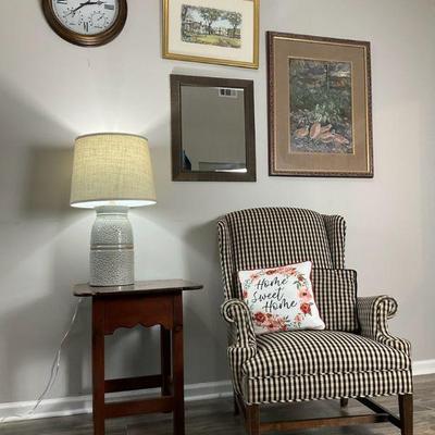 Cozy accent furniture and decor orsett chair, table, lamp and wall