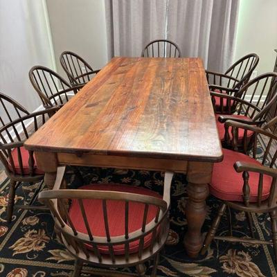 Rustic farmhouse dining table set and solid wood with eight chairs