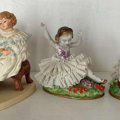 Charming figurine trio including maud humphrey dresden ballerinas