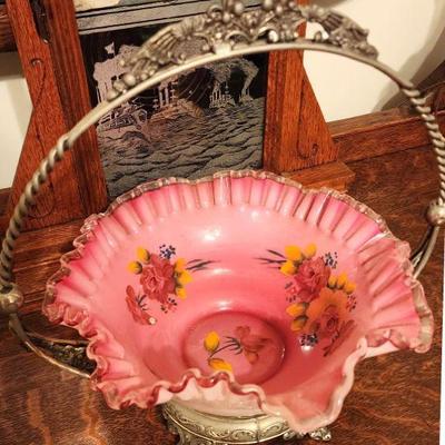 Fenton Pink Silver Crest Floral Brides Bowl Ruffled Edge Hand Painted