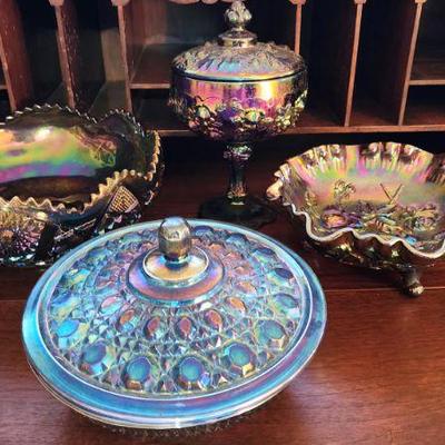 Imperial Glass Purple Pansy Carnival Glass Bowl & Fenton