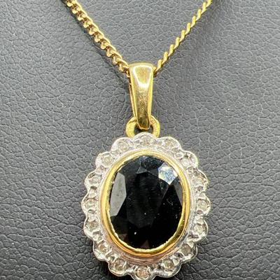 18K Gold Necklace with Diamond Encrusted Black Gemstone Pendant
