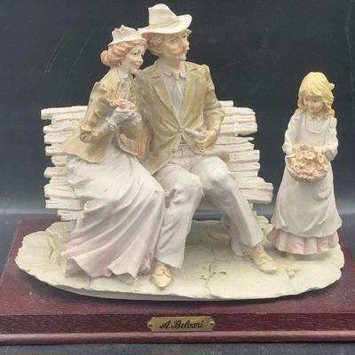 Auro A. Belcari Arnart Dear Sculpture Couple On Bench Child With Flowers 1984
