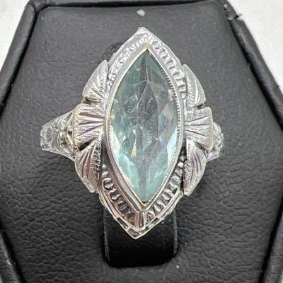 14K White Gold Art Deco Ring with Ice Blue Gemstone
