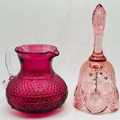 (2) Pink Glass Diamond Point Pitcher & Signed Bell
