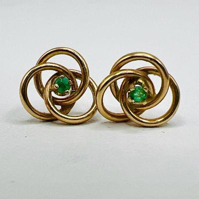 14K Gold Earrings with Sparkling Green Centers

