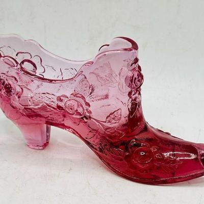 Vintage Fenton Pink Rose Cranberry Glass Slipper
