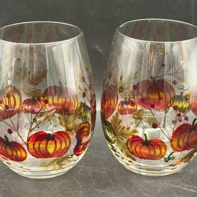 (2) Autumn Pumpkin Stemless Wine Glasses
