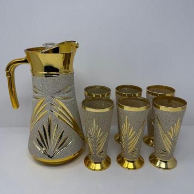 Gold & Glitter Textured Pitcher w/ 6 Matching Glasses	