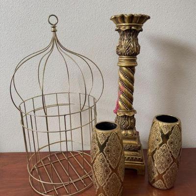 Gold-Tone Decorative Set: Birdcage, Candle Holder & Embossed Vases	